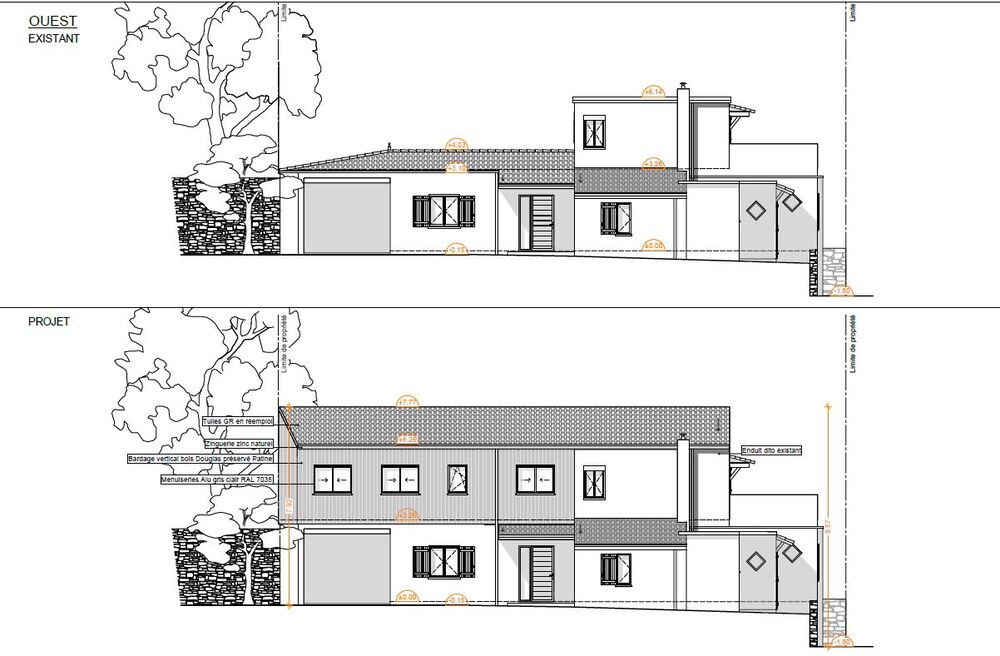 vue coupe de la maison avec facade exterieure vertou extension